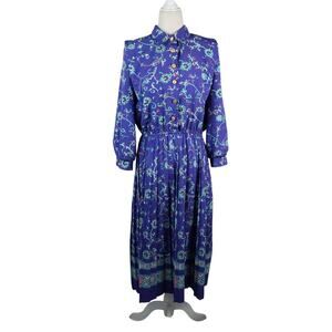 Vintage 80s Lady Carol Purple and Blue Floral Midi Shirt Dress 14